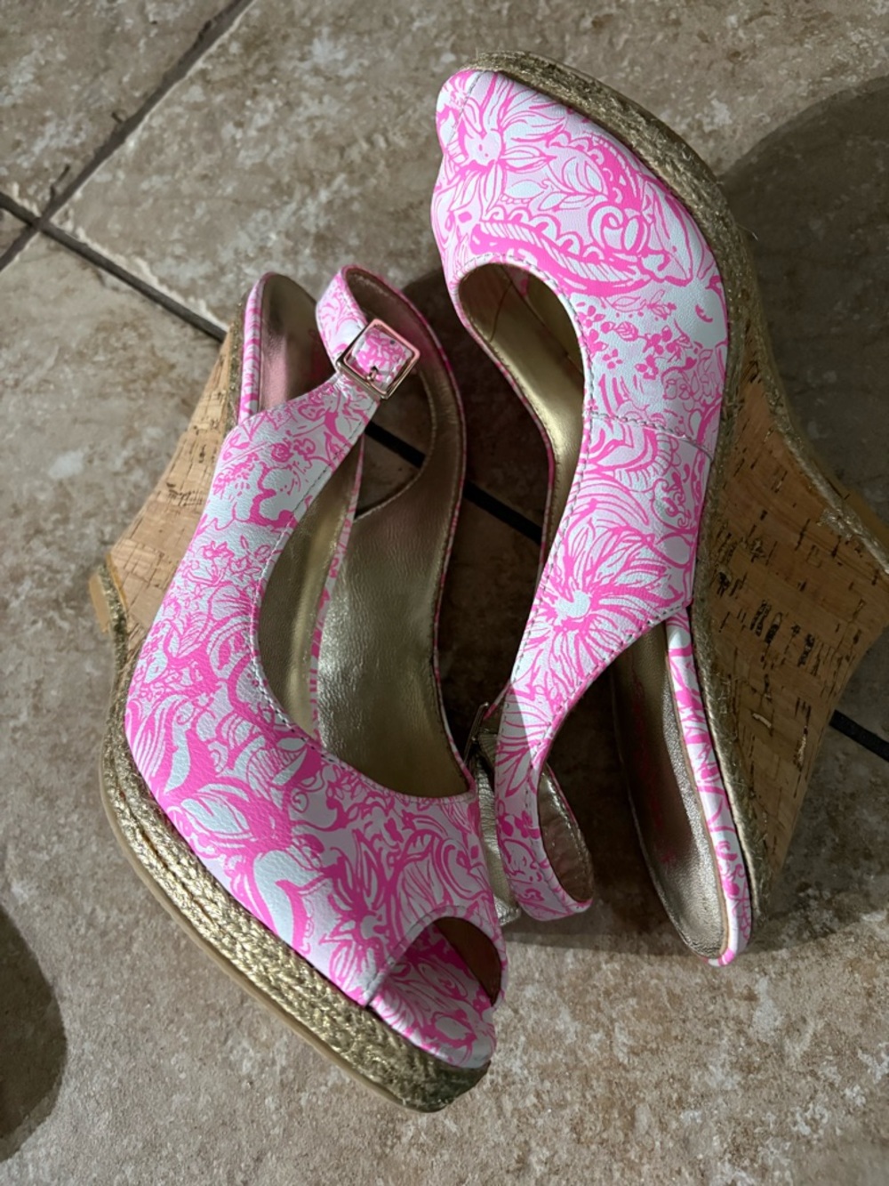 Lilly Pulitzer Krisie wedge sandals in a pink floral print with a cork heel